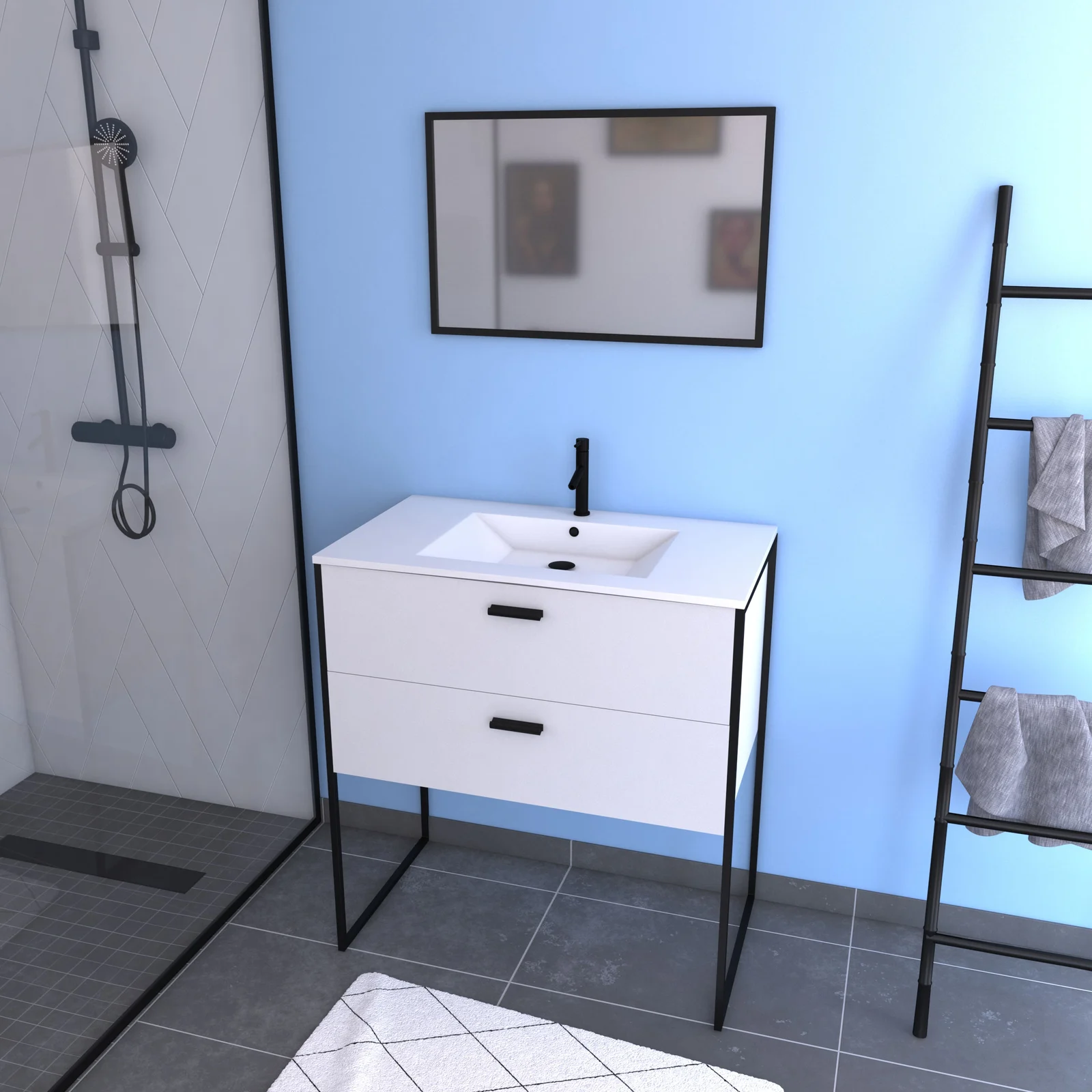 Ensemble meuble de salle de bain - Blanc avec pieds style industriel - 2 tiroirs - vasque blanche Ensemble meuble de salle de bain - Blanc avec pieds style industriel - 2 tiroirs - vasque blanche