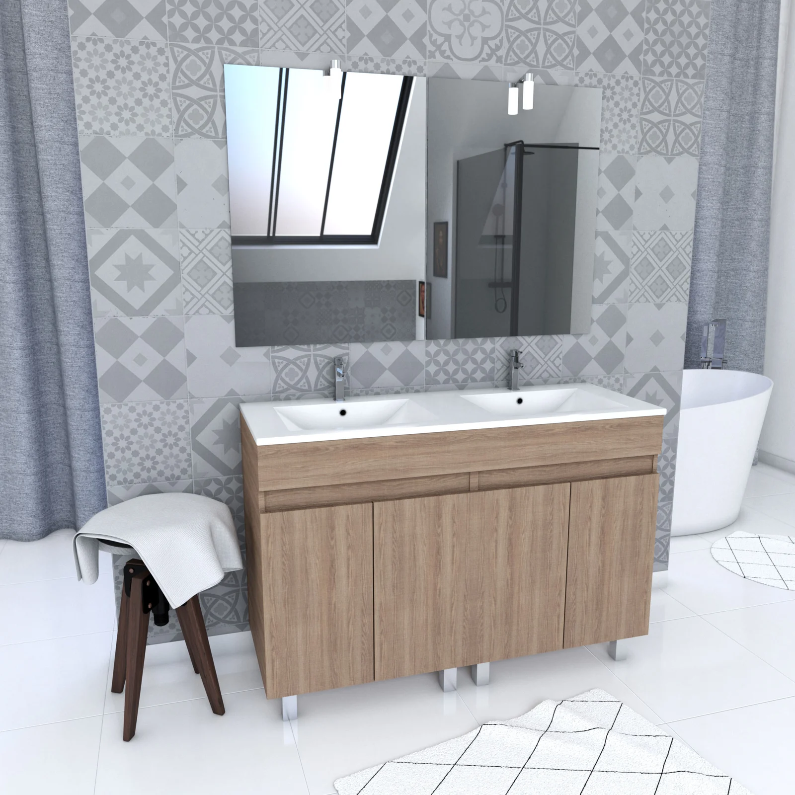 Ensemble Meuble de salle de bain chene celtique 120cm sur pied + vasque ceramique blanche + miroir Ensemble Meuble de salle de bain chene celtique 120cm sur pied + vasque ceramique blanche + miroir