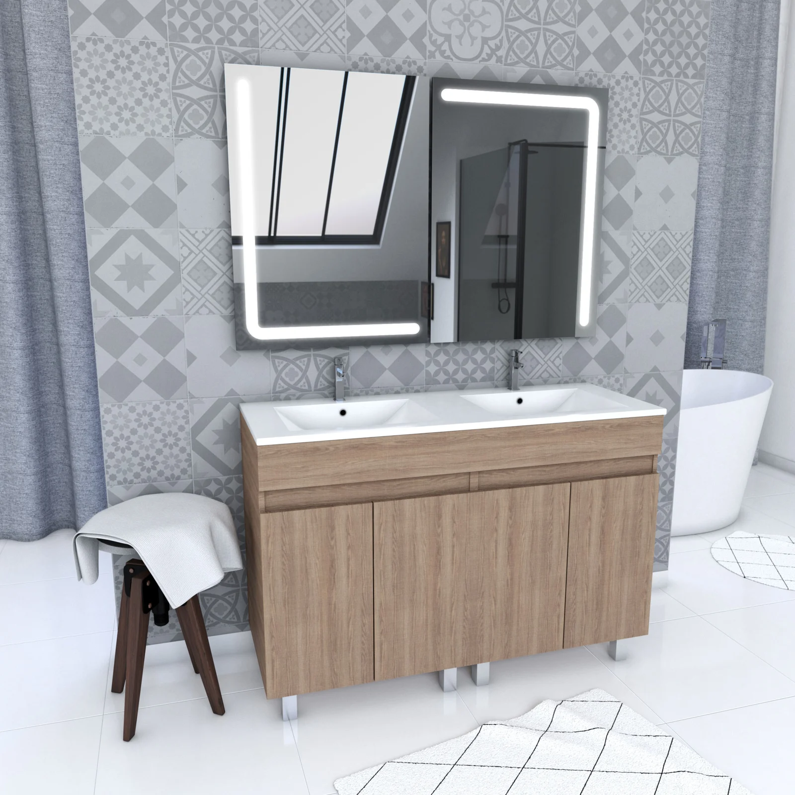 Ensemble Meuble de salle de bain chene celtique 120cm sur pied + vasque ceramique blanche + miroir Ensemble Meuble de salle de bain chene celtique 120cm sur pied + vasque ceramique blanche + miroir