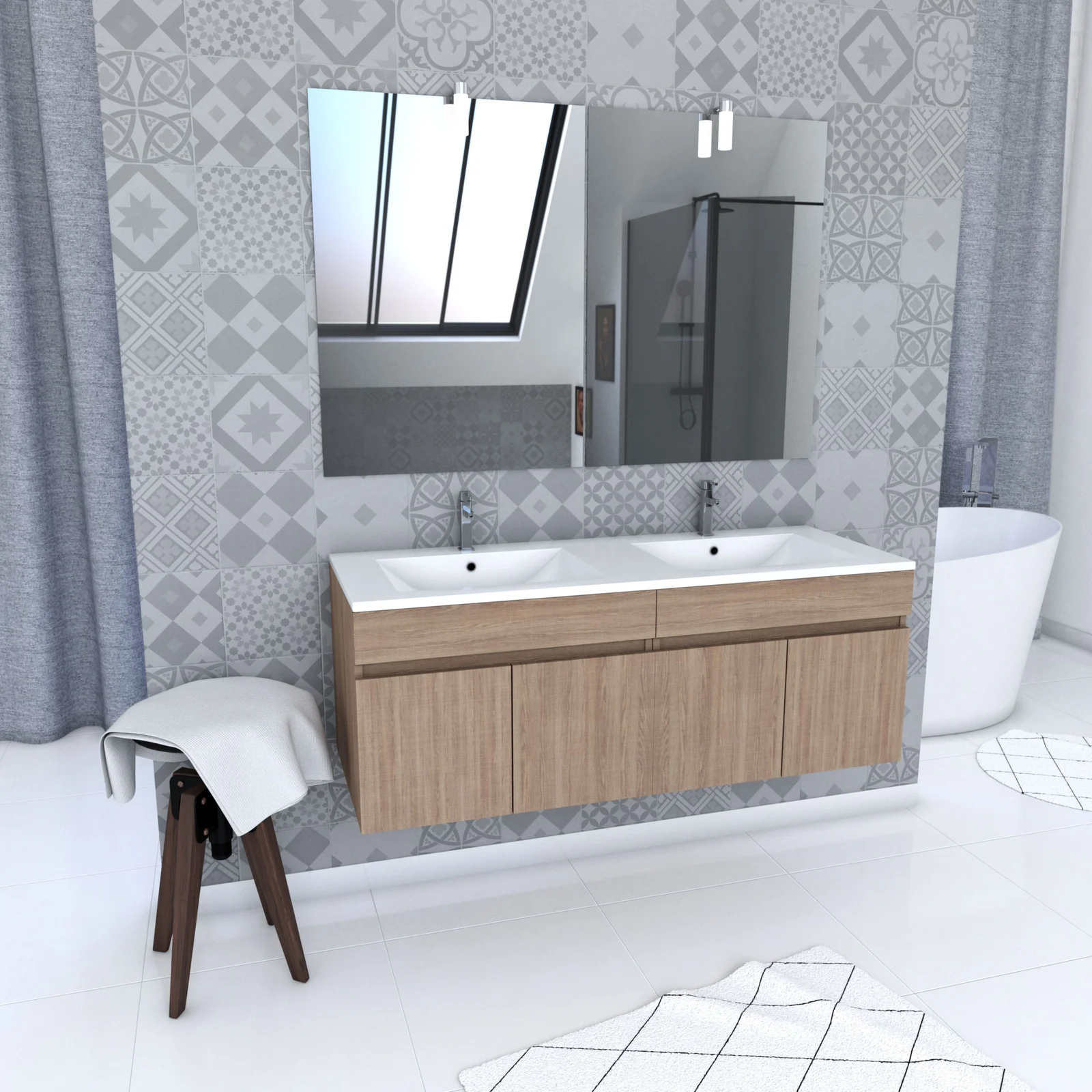 Ensemble Meuble de salle de bain chene celtique 120cm suspendu + vasque ceramique blanche + miroir Ensemble Meuble de salle de bain chene celtique 120cm suspendu + vasque ceramique blanche + miroir