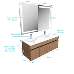 Ensemble Meuble de salle de bain chene celtique 120cm suspendu + vasque ceramique blanche + miroir