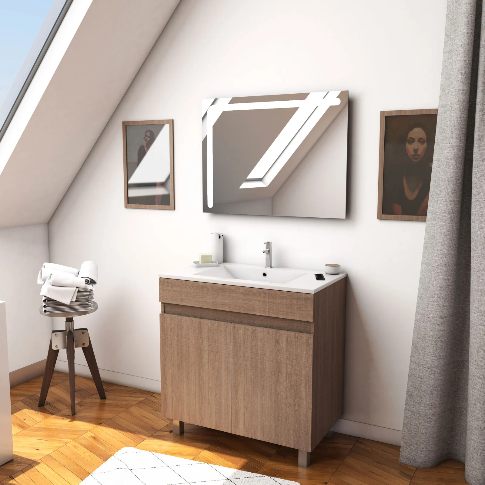 Ensemble Meuble de salle de bain chene celtique 60cm sur pied + vasque ceramique blanche + miroir Ensemble Meuble de salle de bain chene celtique 60cm sur pied + vasque ceramique blanche + miroir