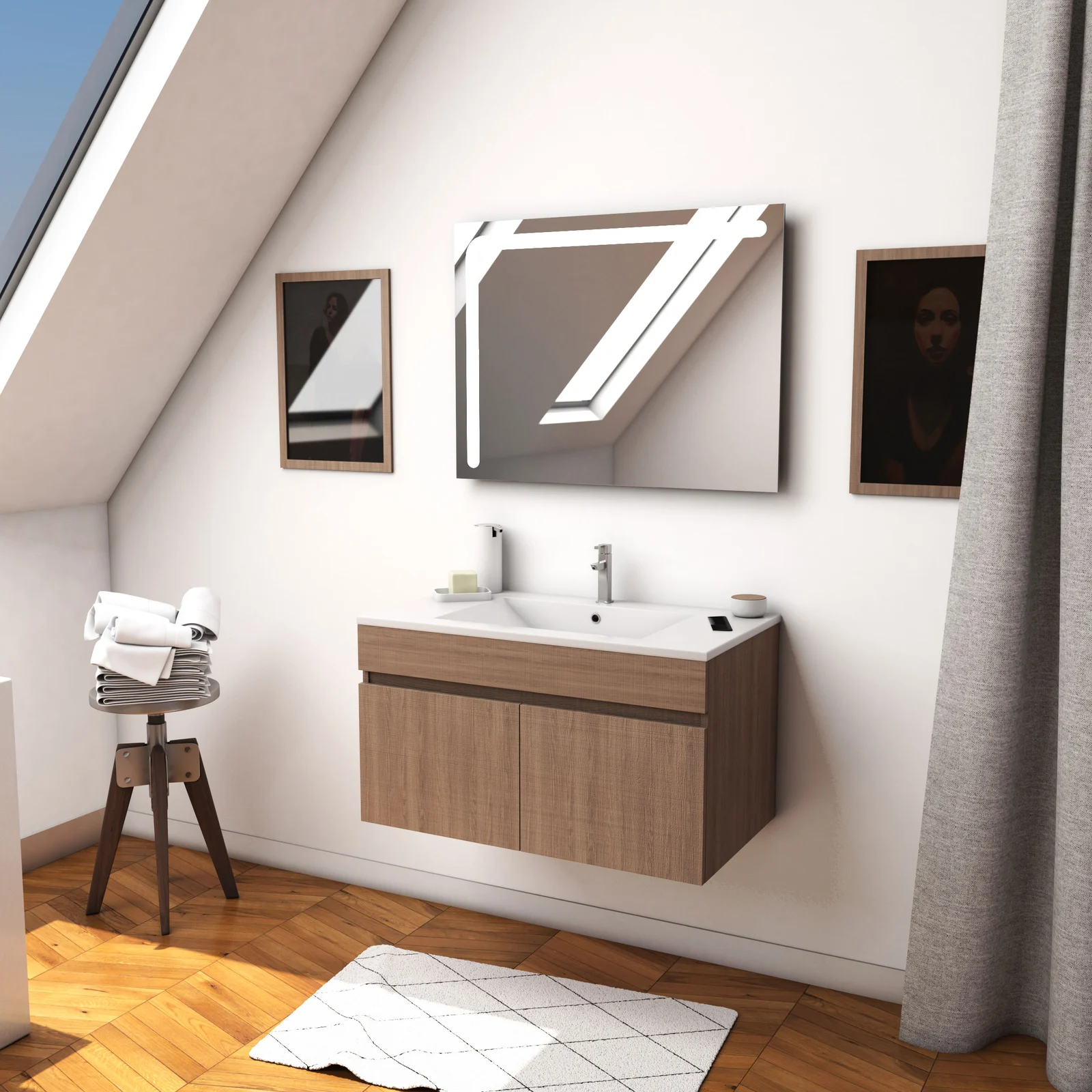 Ensemble Meuble de salle de bain chene celtique 60cm suspendu + vasque ceramique blanche + miroir Ensemble Meuble de salle de bain chene celtique 60cm suspendu + vasque ceramique blanche + miroir