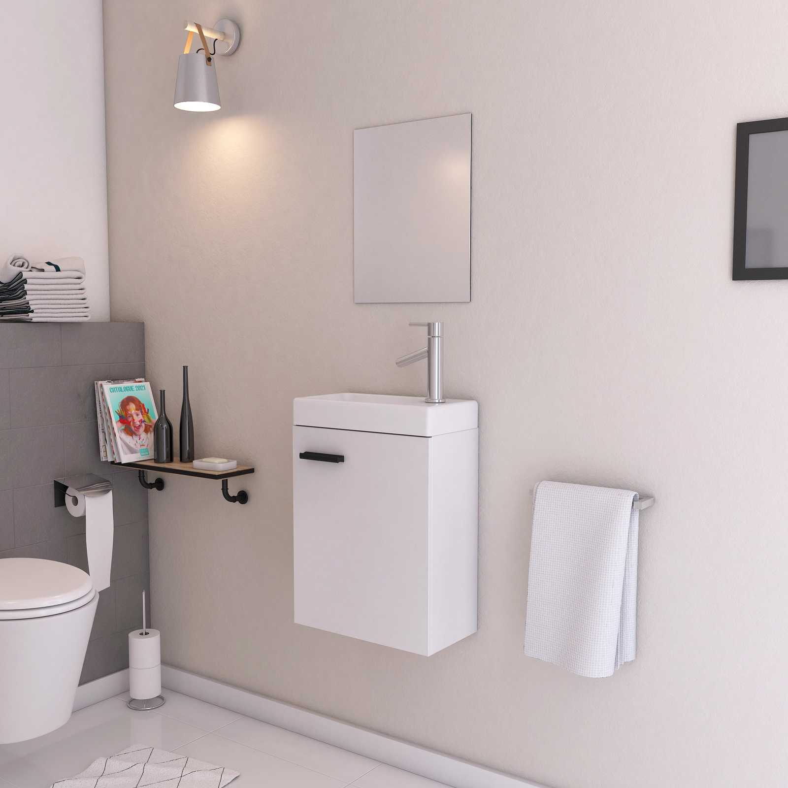 Ensemble Meuble Lave Mains Blanc 41x50x22cm + Miroir - SMALLY WHITE Ensemble Meuble Lave Mains Blanc 41x50x22cm + Miroir - SMALLY WHITE