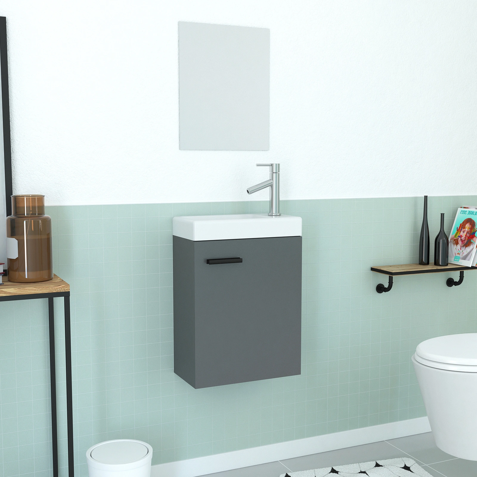 Ensemble Meuble Lave Mains Gris 41x50x22cm + Miroir - SMALLY GREY