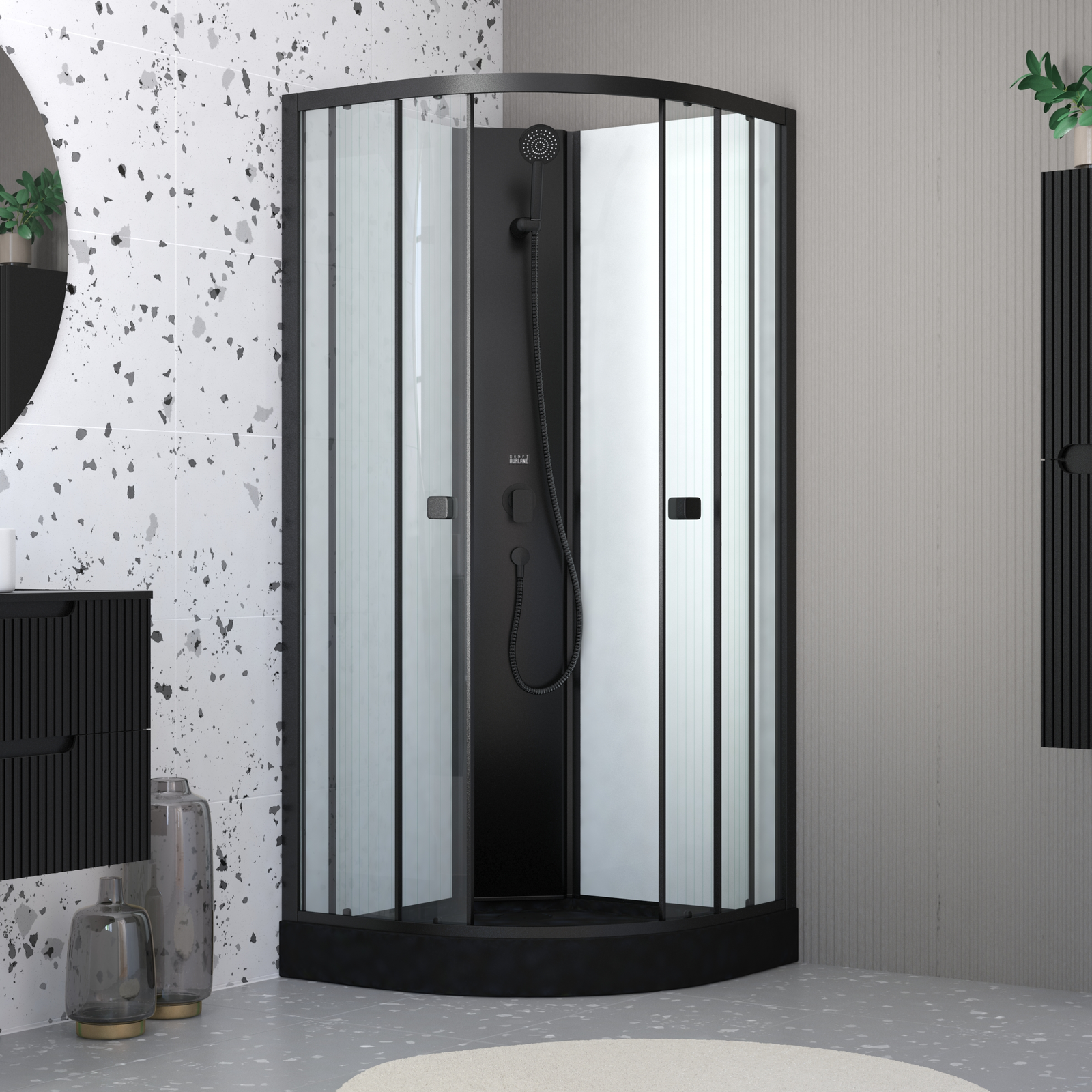 ESSENTIEL ROUND 85x85 WITH MATT BLACK SHOWER TRAY / ESSENTIEL ROND 85x85 AVEC RECEVEUR MAT NOIR ESSENTIEL ROUND 85x85 WITH MATT BLACK SHOWER TRAY / ESSENTIEL ROND 85x85 AVEC RECEVEUR MAT NOIR