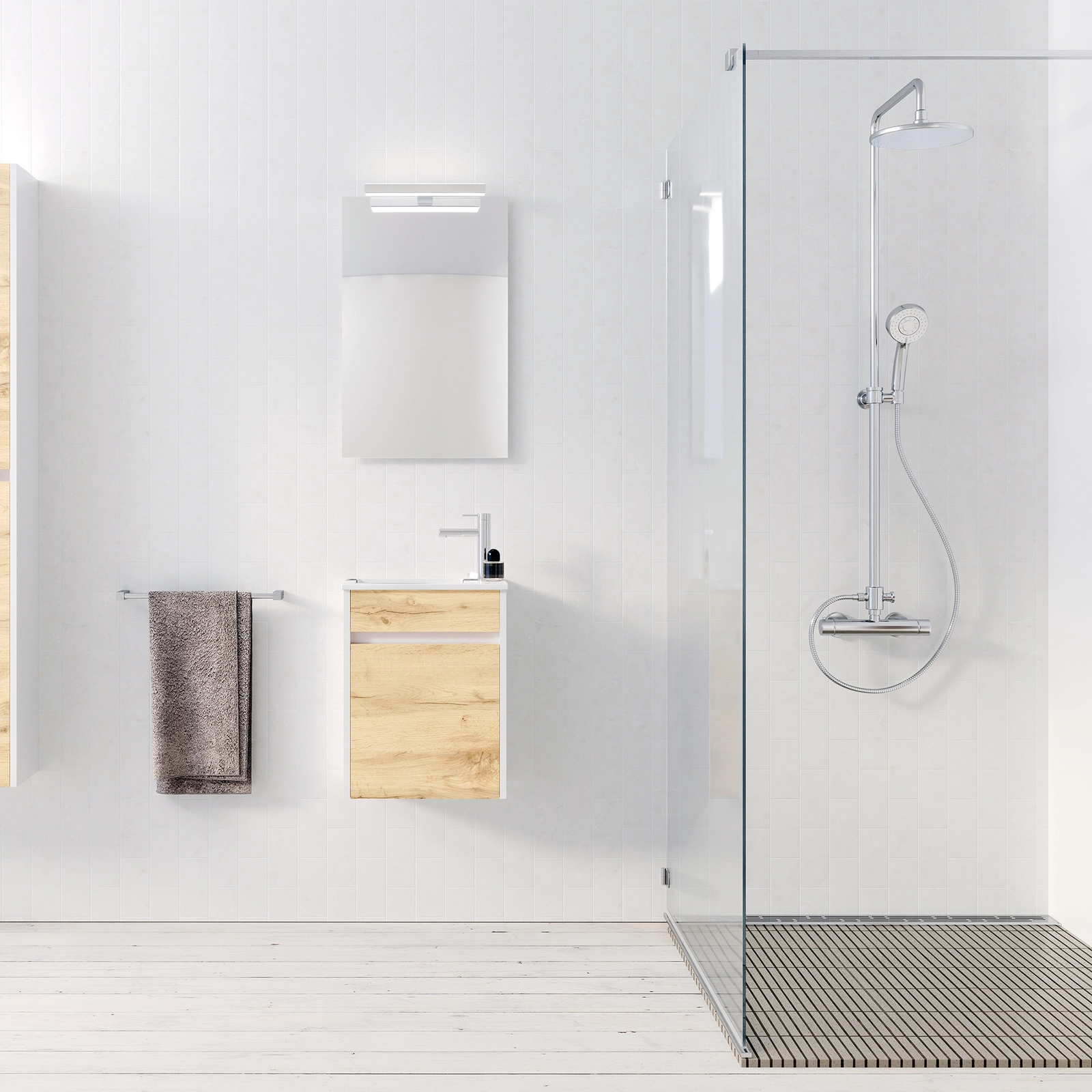 KIT MINI WALL HUNG VANITY 40 WHITE AND LIGHT OAK + WASHBASIN / KIT MINI CAISSON SUSPENDU 40 BLANC ET CHENE CLAIR PEFC + VASQUE