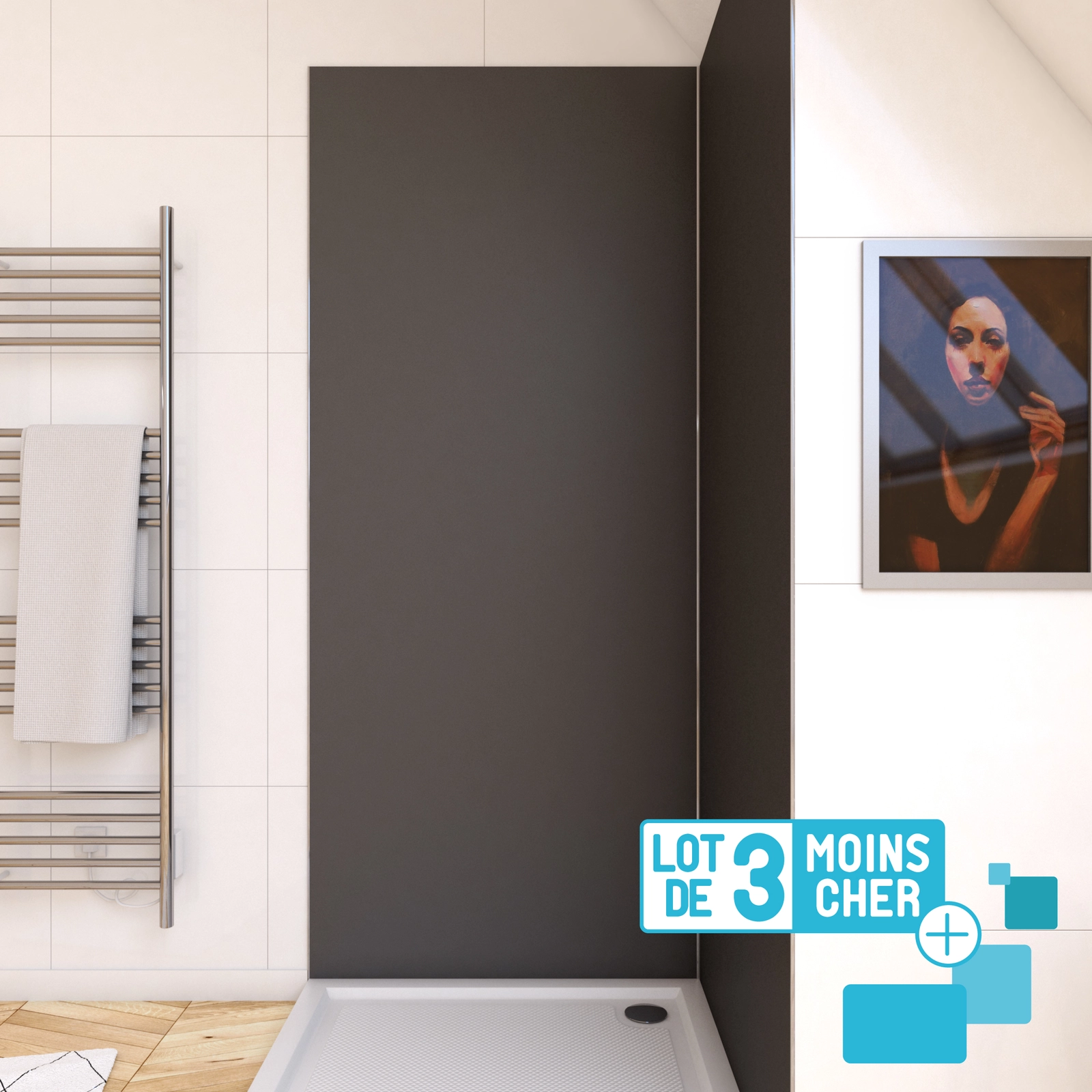 LOT de 3 Panneaux Muraux pour salle de bains en Aluminium Gris - 90x210cm - WALL'IT LOT de 3 Panneaux Muraux pour salle de bains en Aluminium Gris - 90x210cm - WALL'IT