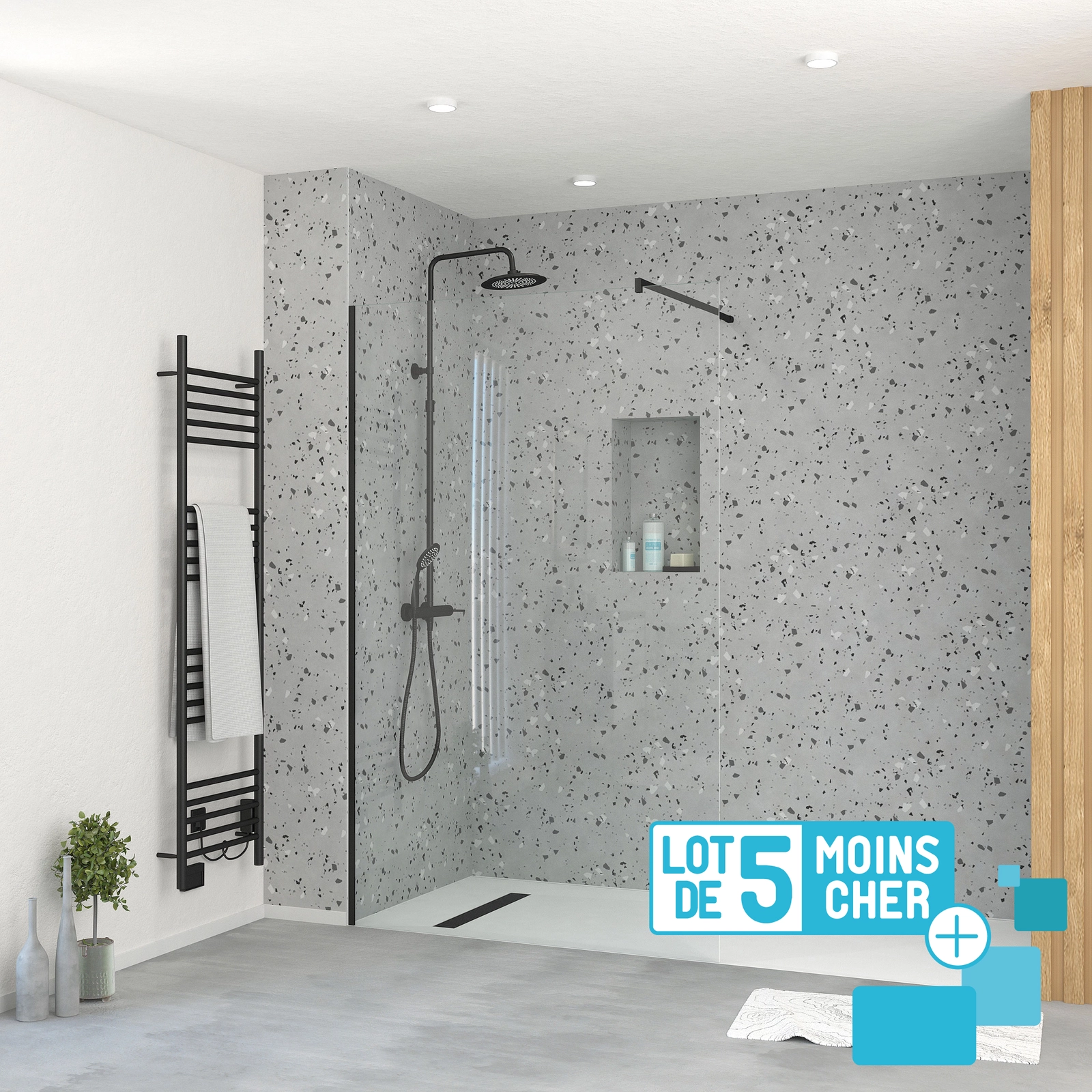 LOT de 5 Parois de Douche 120x195 cm en Verre Trempé 5 mm - Profilés et Bras Noirs LOT de 5 Parois de Douche 120x195 cm en Verre Trempé 5 mm - Profilés et Bras Noirs