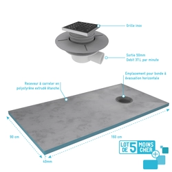 LOT de 5 Receveurs de Douche à Carreler 160x90 cm avec Bondes à Sortie Horizontale - Grille Inox