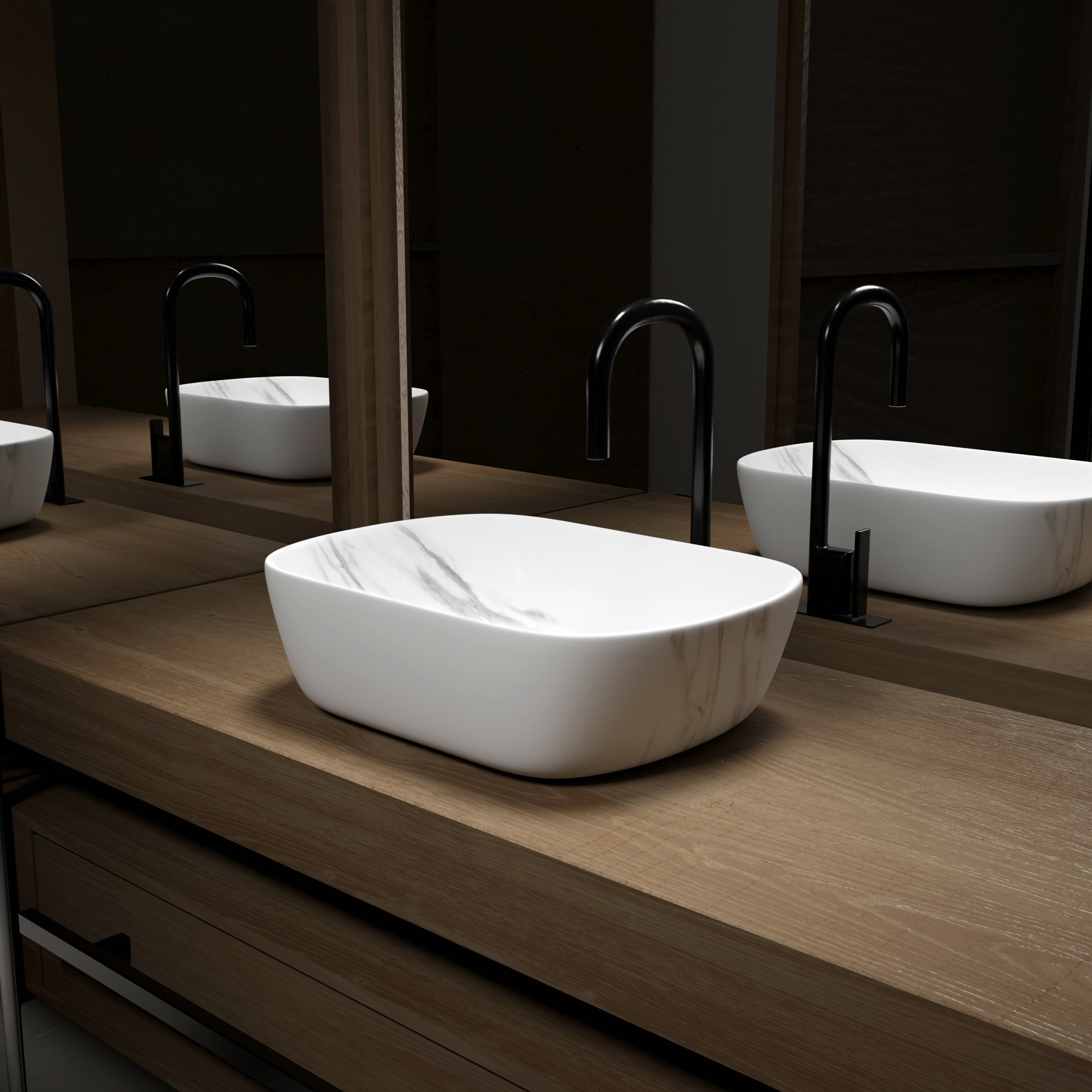 Vasque à poser Rectangle en Céramique Blanche Mat Effet Marbre - 45,5x32,5x13 cm - MARBRA