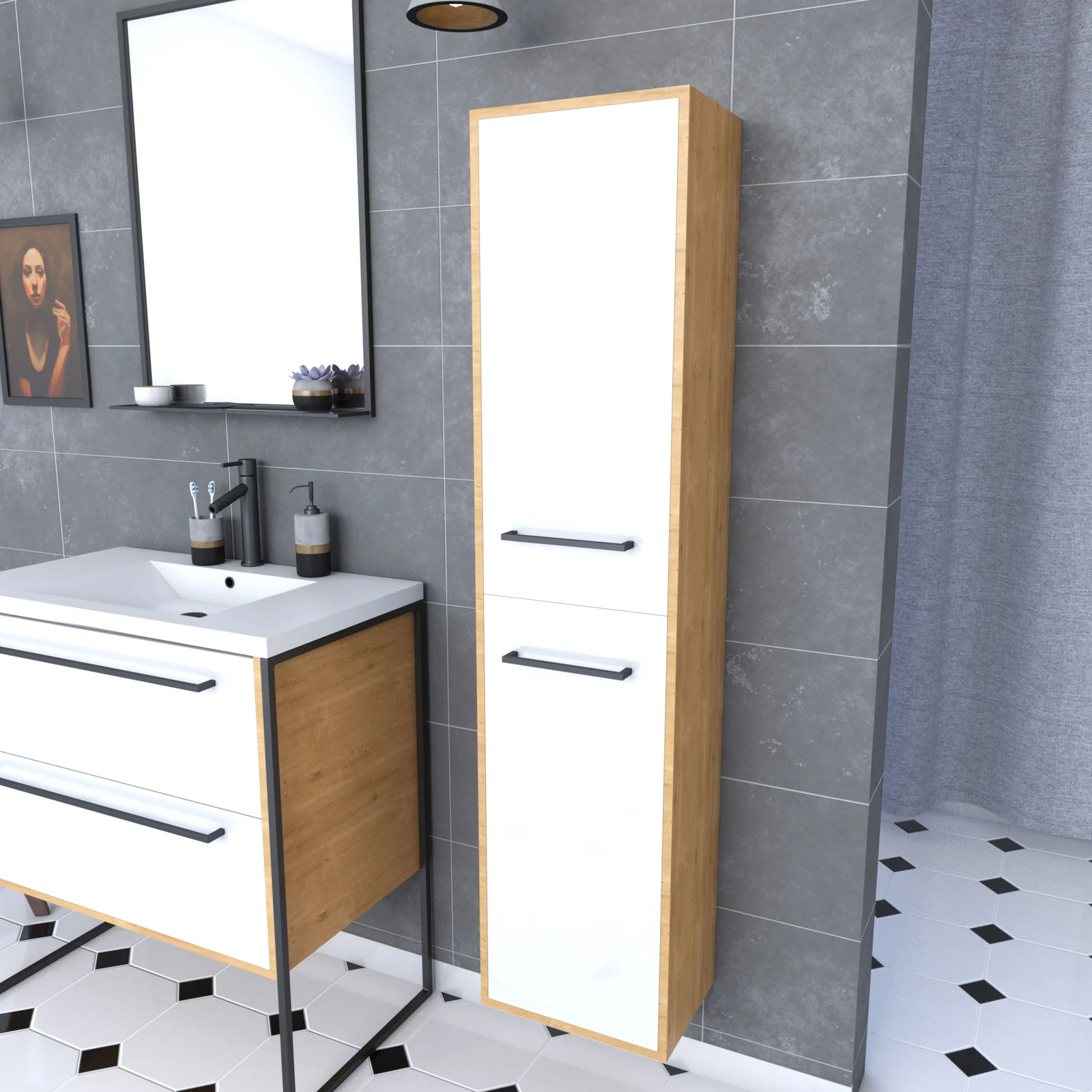 Meuble colonne de douche 30x35 cm suspendu - 2 portes finition blanc mat Meuble colonne de douche 30x35 cm suspendu - 2 portes finition blanc mat
