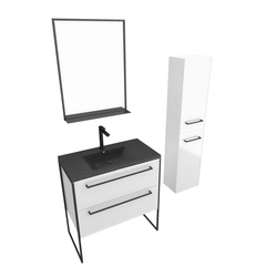 Meuble de salle de bain 80x50 cm - 2 tiroirs blanc - vasque resine noir effet pierre + colonne