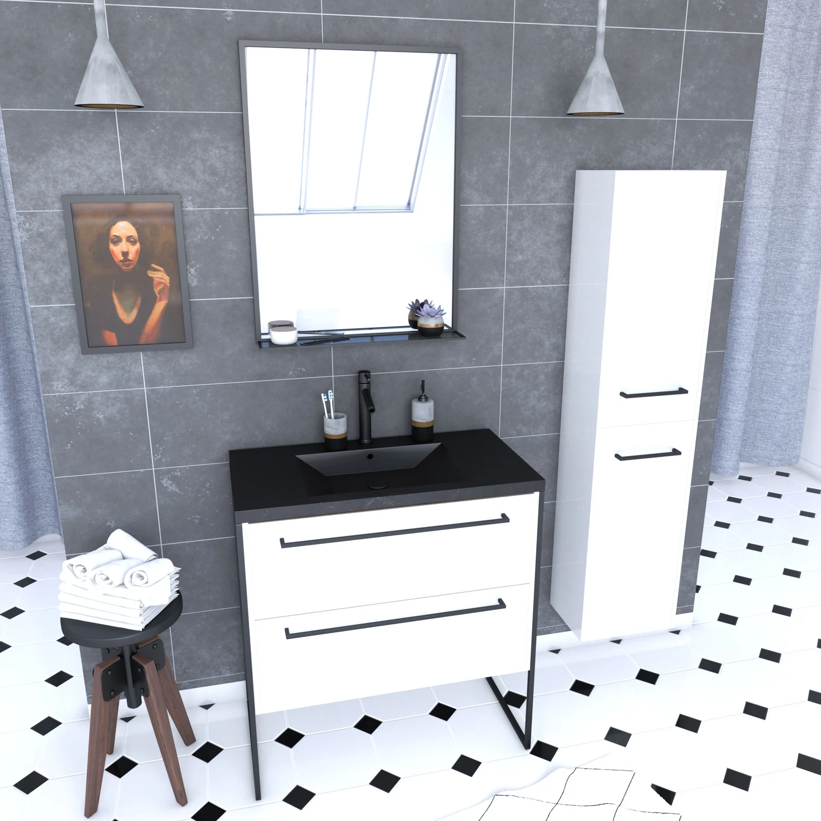 Meuble de salle de bain 80x50 cm - 2 tiroirs blanc - vasque resine noir effet pierre + colonne Meuble de salle de bain 80x50 cm - 2 tiroirs blanc - vasque resine noir effet pierre + colonne
