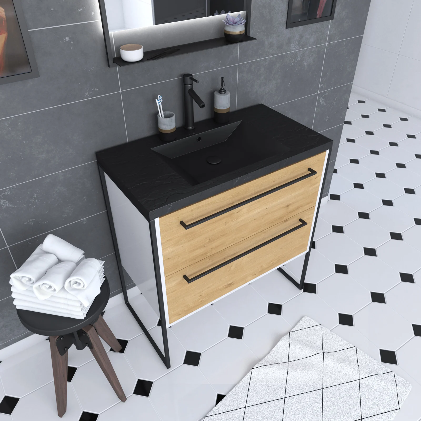 Meuble de salle de bain 80x50 cm + 2 tiroirs chêne naturel + vasque résine noir effet pierre Meuble de salle de bain 80x50 cm + 2 tiroirs chêne naturel + vasque résine noir effet pierre