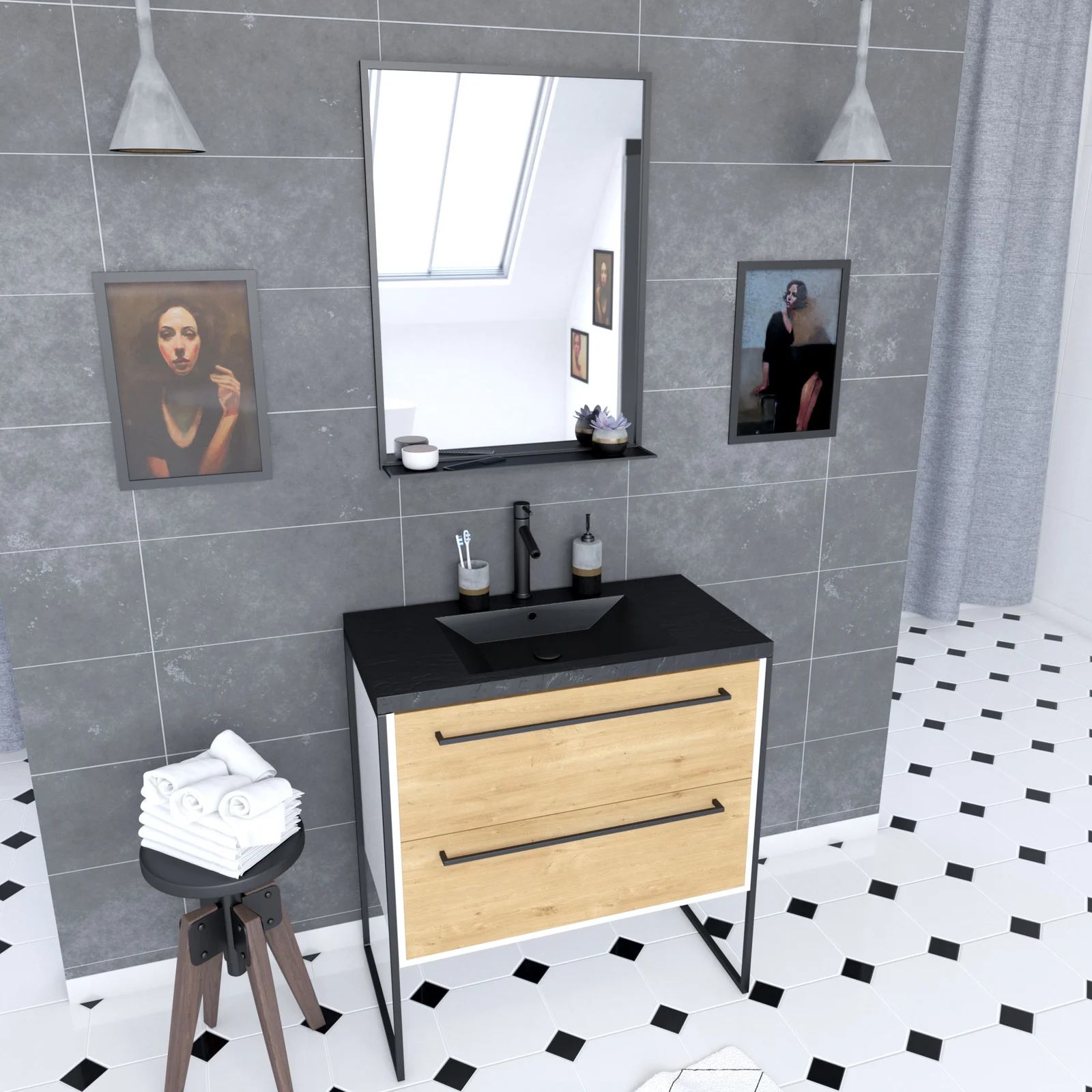 Meuble de salle de bain 80x50 cm + 2 tiroirs chêne naturel + vasque noir effet pierre + miroir noir Meuble de salle de bain 80x50 cm + 2 tiroirs chêne naturel + vasque noir effet pierre + miroir noir