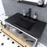 Meuble de salle de bain 80x50 cm + 2 tiroirs chêne naturel + vasque noir effet pierre + miroir noir