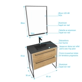 Meuble de salle de bain 80x50 cm + 2 tiroirs chêne naturel + vasque noir effet pierre + miroir led