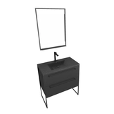 Meuble de salle de bain 80x50 cm - 2 tiroirs noir mat - vasque résine noire effet pierre + miroir