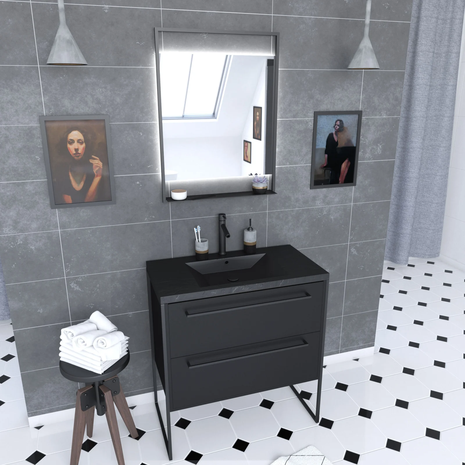 Meuble de salle de bain 80x50 cm - 2 tiroirs noir mat - vasque résine noire effet pierre + miroir Meuble de salle de bain 80x50 cm - 2 tiroirs noir mat - vasque résine noire effet pierre + miroir