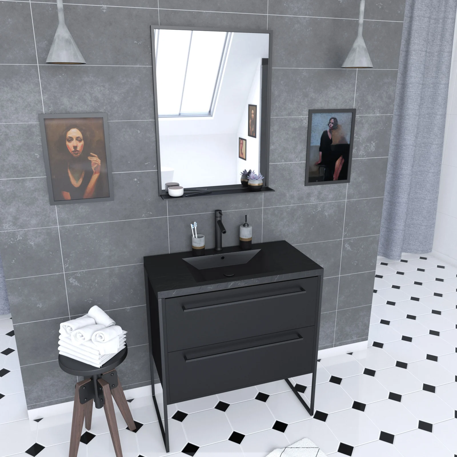 Meuble de salle de bain 80x50 cm - 2 tiroirs noir mat - vasque résine noire effet pierre + miroir