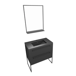 Meuble de salle de bain 80x50 cm - 2 tiroirs noir mat - vasque résine noire effet pierre + miroir