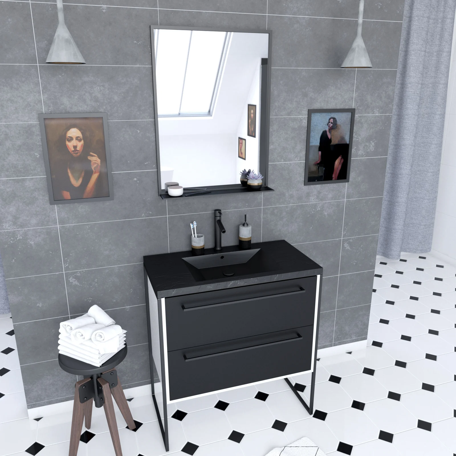 Meuble de salle de bain 80x50 cm Blanc - 2 tiroirs noir mat - vasque noire effet pierre - miroir LED