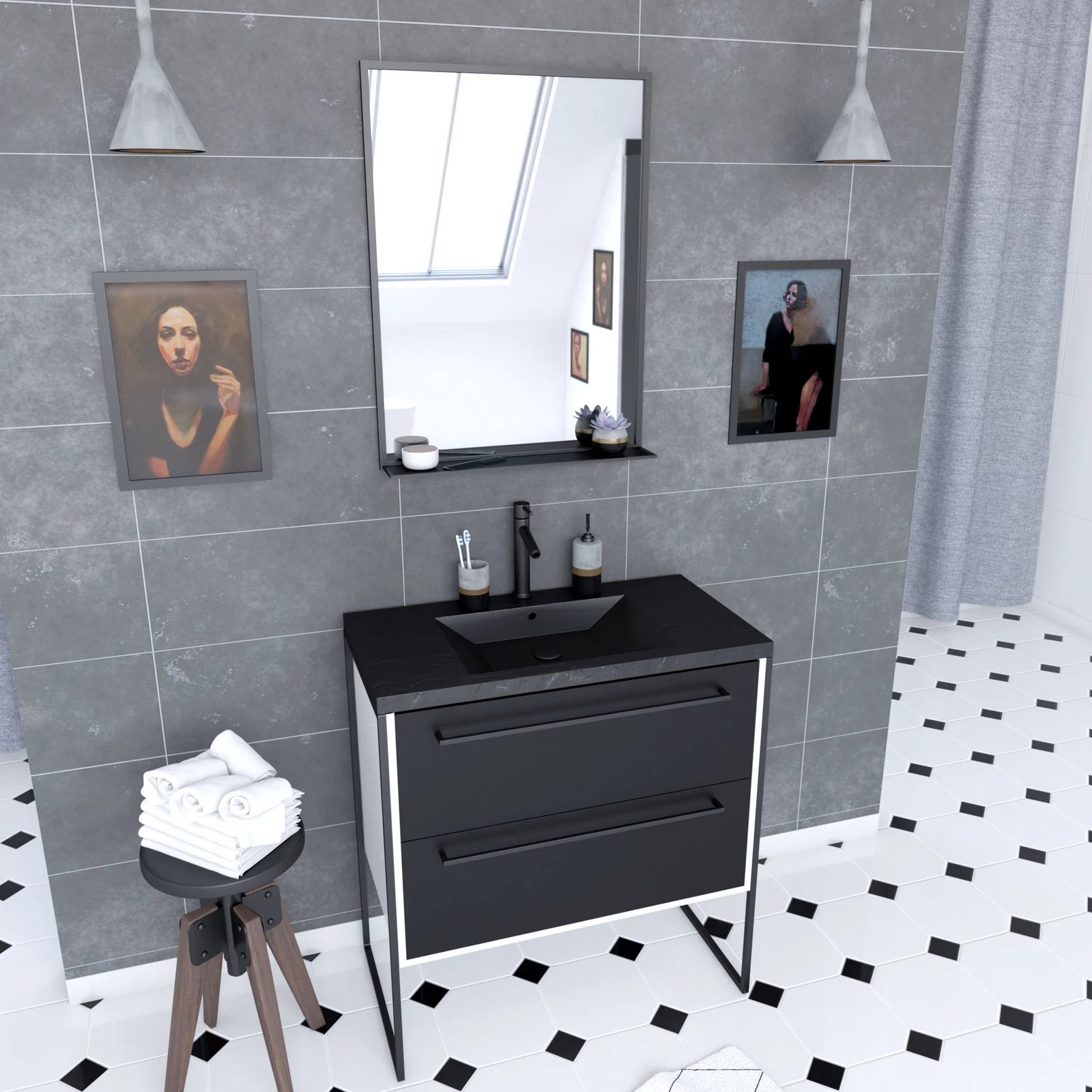Meuble de salle de bain 80x50 cm Blanc - 2 tiroirs noir mat - vasque noire effet pierre - miroir LED Meuble de salle de bain 80x50 cm Blanc - 2 tiroirs noir mat - vasque noire effet pierre - miroir LED