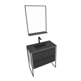 Meuble de salle de bain 80x50 cm Blanc - 2 tiroirs noir mat - vasque noire effet pierre - miroir LED