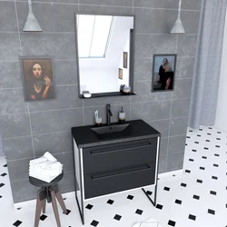 Meuble de salle de bain 80x50 cm Blanc - 2 tiroirs noir mat - vasque noire effet pierre - miroir LED