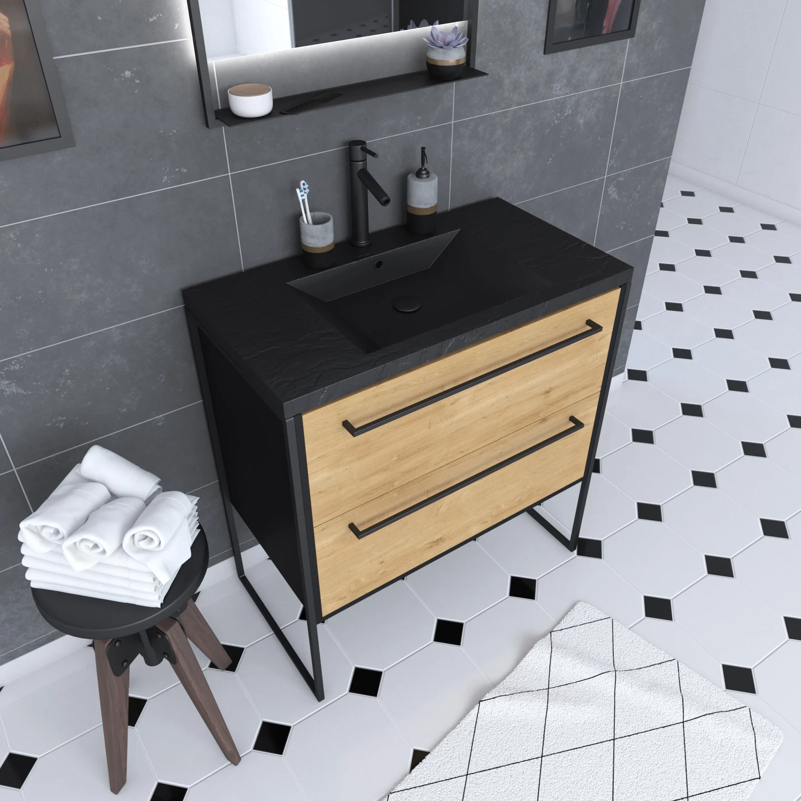 Meuble de salle de bain 80x50 cm NOIR MAT - 2 tiroirs chêne brun - vasque résine noir effet pierre Meuble de salle de bain 80x50 cm NOIR MAT - 2 tiroirs chêne brun - vasque résine noir effet pierre
