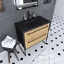 Meuble de salle de bain 80x50 cm NOIR MAT - 2 tiroirs chêne brun - vasque résine noir effet pierre