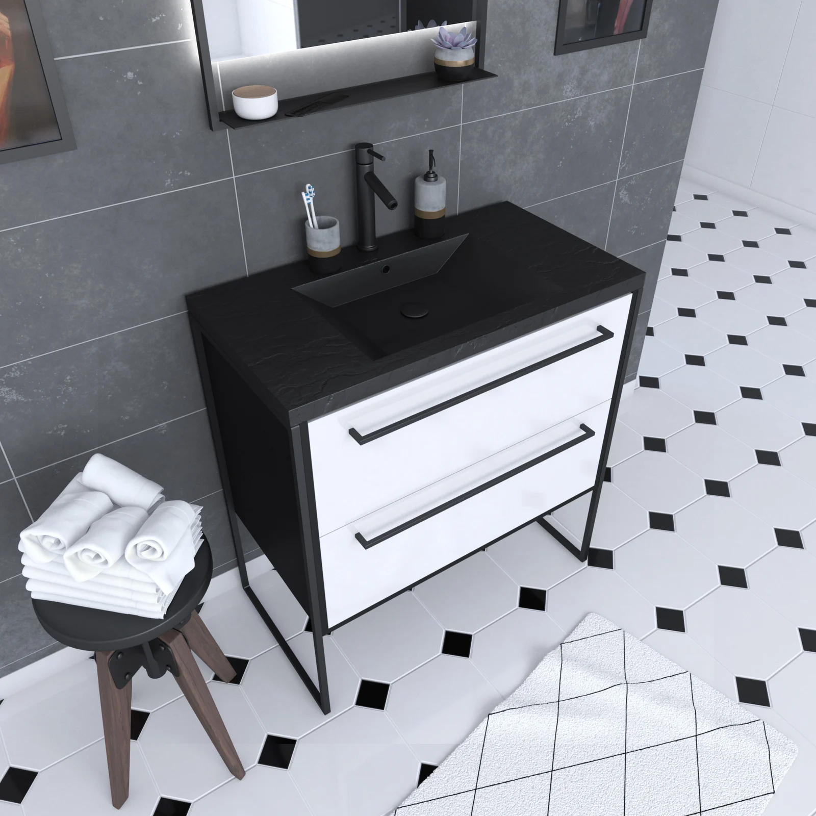 Meuble de salle de bain 80x50 cm Noir MAT - 2 tiroirs BLANC - vasque résine noire effet pierre Meuble de salle de bain 80x50 cm Noir MAT - 2 tiroirs BLANC - vasque résine noire effet pierre