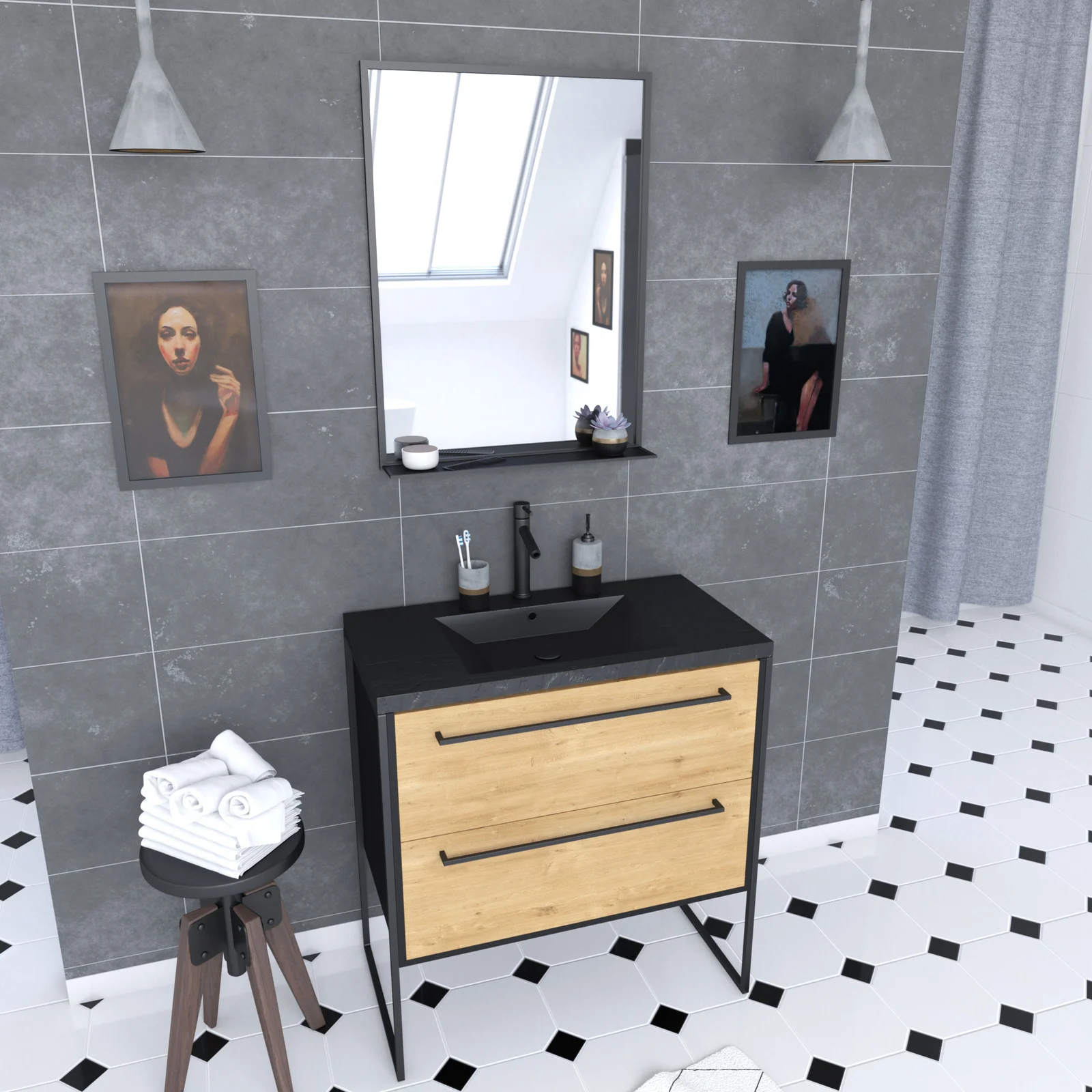 Meuble de salle de bain 80x50 cm NOIR MAT - 2 tiroirs - vasque résine noire effet pierre + miroir