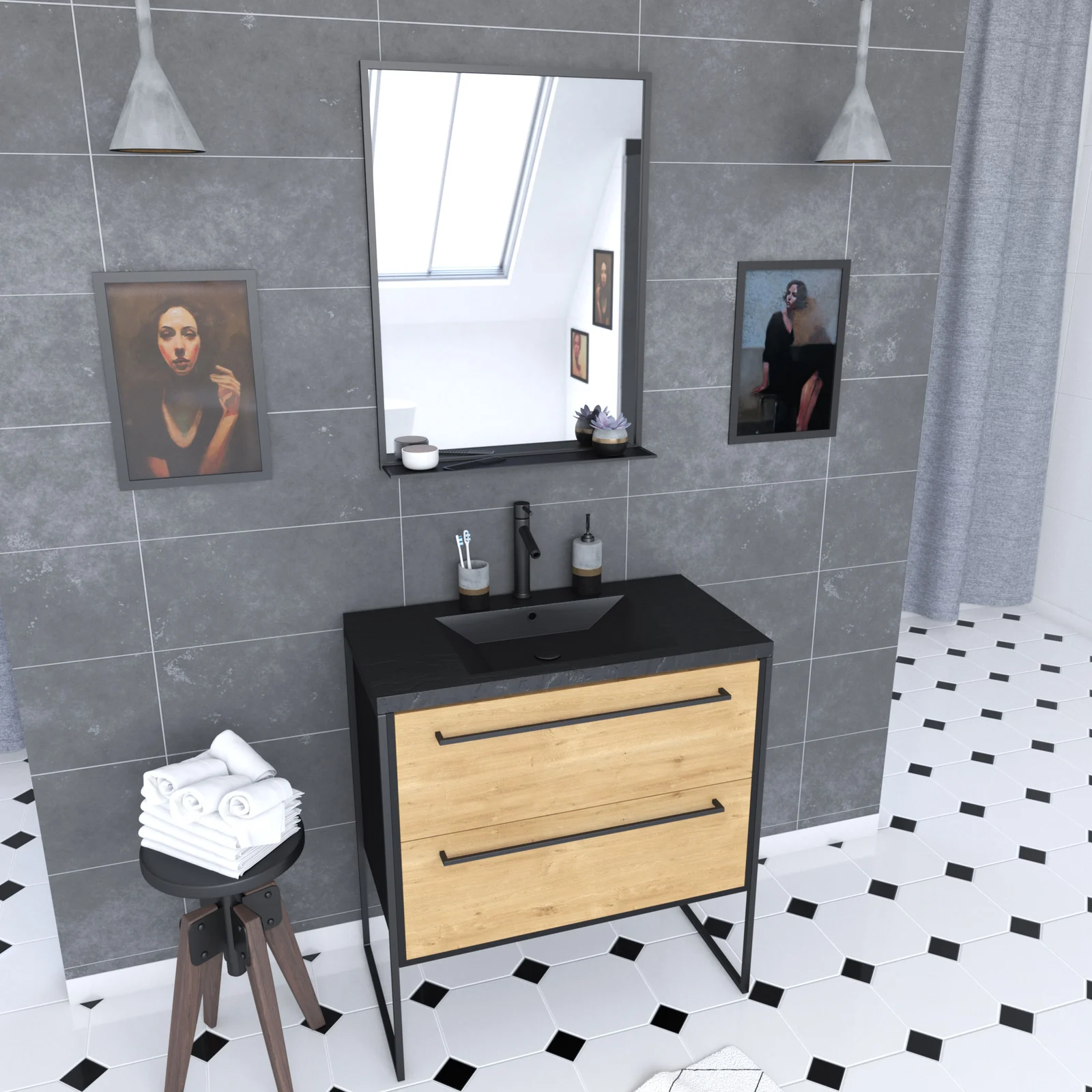 Meuble de salle de bain 80x50 cm NOIR MAT - 2 tiroirs - vasque résine noire effet pierre + miroir Meuble de salle de bain 80x50 cm NOIR MAT - 2 tiroirs - vasque résine noire effet pierre + miroir