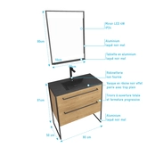 Meuble de salle de bain 80x50cm - 2 tiroirs chêne brun- vasque résine noire effet pierre - miroir