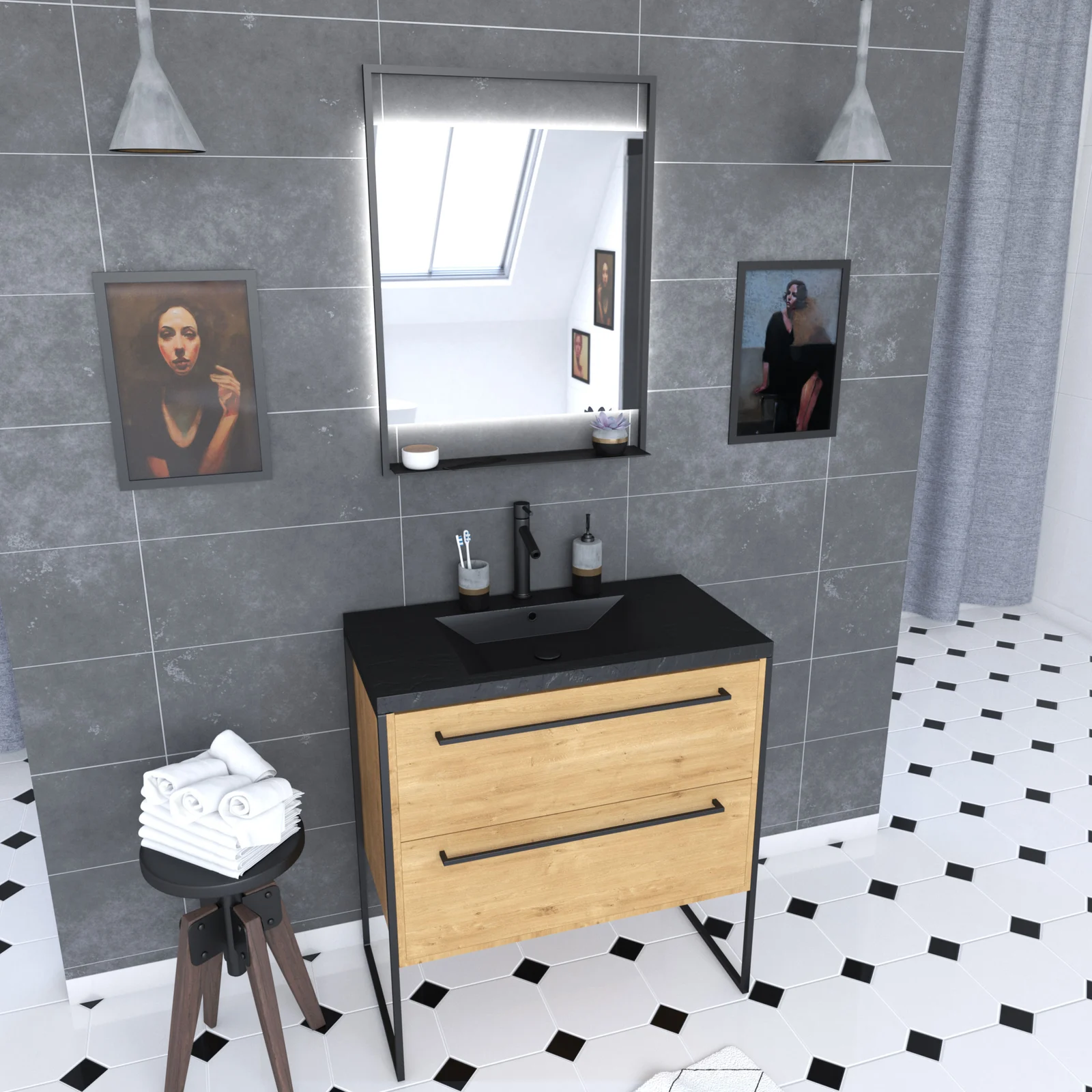 Meuble de salle de bain 80x50cm - 2 tiroirs chêne brun- vasque résine noire effet pierre - miroir