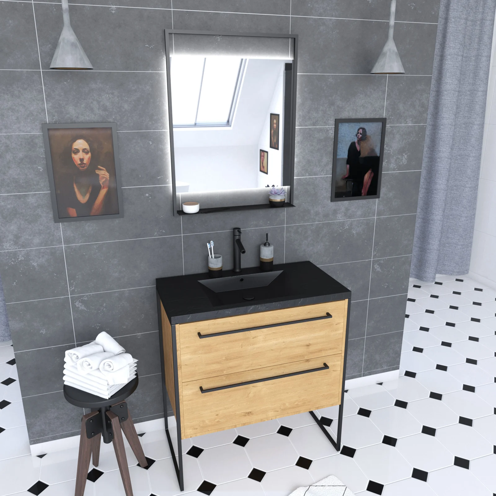 Meuble de salle de bain 80x50cm - 2 tiroirs chêne brun- vasque résine noire effet pierre - miroir Meuble de salle de bain 80x50cm - 2 tiroirs chêne brun- vasque résine noire effet pierre - miroir