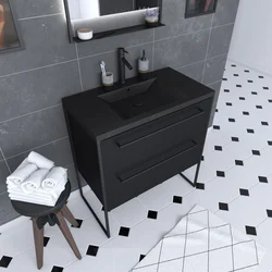 Meuble de salle de bain 80x50cm - 2 tiroirs - vasque résine noire effet pierre - STRUCTURA F051