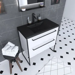 Meuble de salle de bain 80x50cm Blanc - 2 tiroirs blanc - vasque resine noire effet pierre