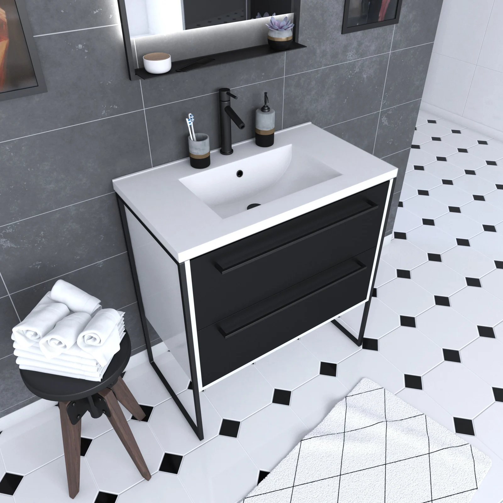 Meuble de salle de bain 80x50cm Blanc - 2 tiroirs noir mat - vasque résine blanche - STRUCTURA P021 Meuble de salle de bain 80x50cm Blanc - 2 tiroirs noir mat - vasque résine blanche - STRUCTURA P021