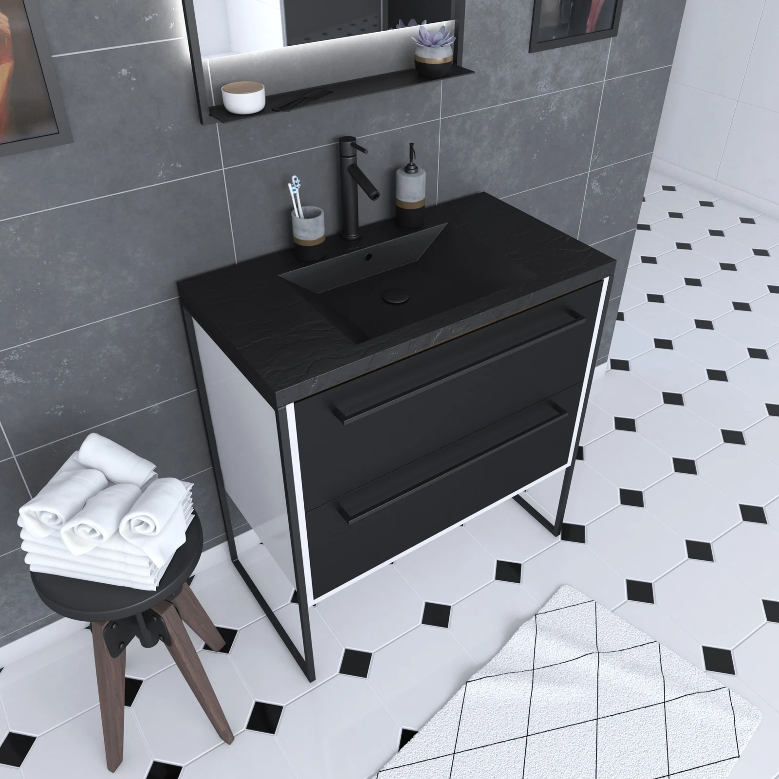 Meuble de salle de bain 80x50cm Blanc - 2 tiroirs noir mat - vasque resine noire effet pierre