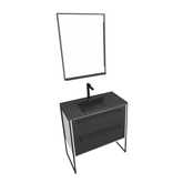 Meuble de salle de bain 80x50cm Blanc - 2 tiroirs - vasque resine noire effet pierre - miroir LED