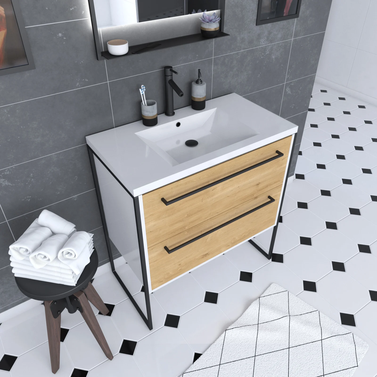 Meuble de salle de bain 80x50cm Blanc - 2 tiroirs chêne naturel - vasque blanche - STRUCTURA F023 Meuble de salle de bain 80x50cm Blanc - 2 tiroirs chêne naturel - vasque blanche - STRUCTURA F023