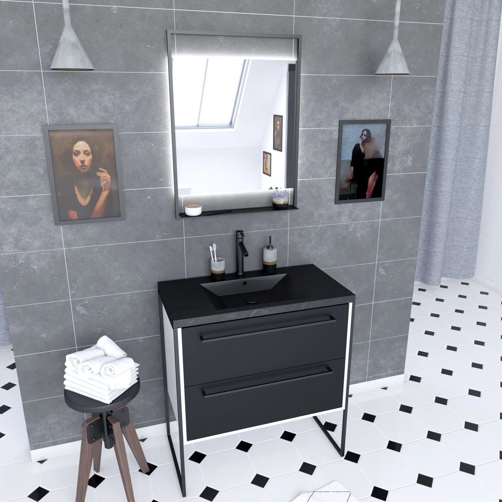 Meuble de salle de bain 80x50cm Blanc - 2 tiroirs - vasque resine noire effet pierre - miroir LED Meuble de salle de bain 80x50cm Blanc - 2 tiroirs - vasque resine noire effet pierre - miroir LED