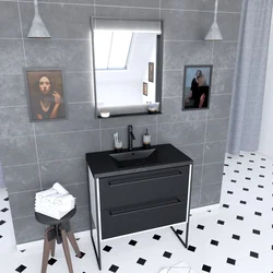 Meuble de salle de bain 80x50cm Blanc - 2 tiroirs - vasque resine noire effet pierre - miroir LED