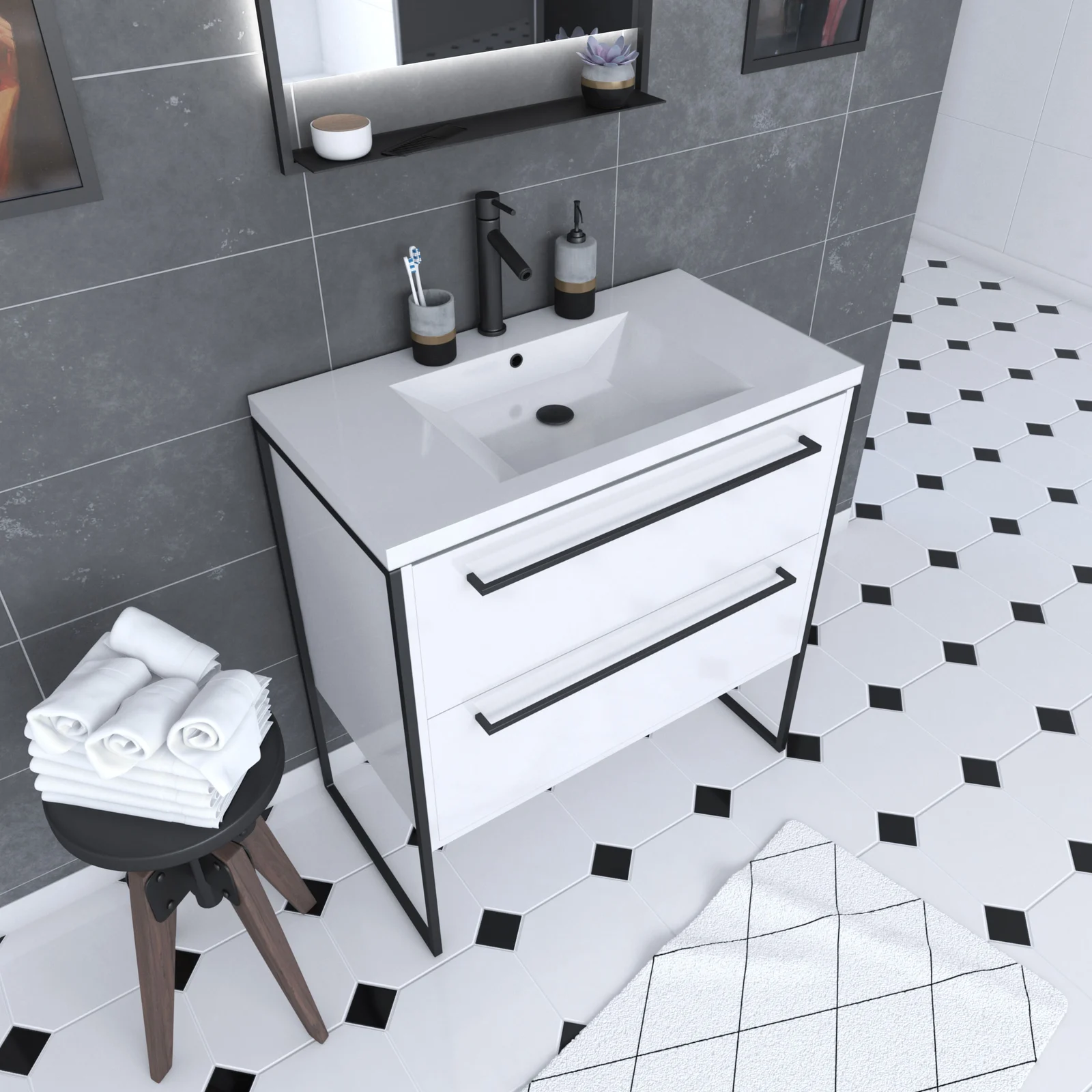 Meuble de salle de bain 80x50cm Blanc - 2 tiroirs - vasque resine blanche - pieds et poignées