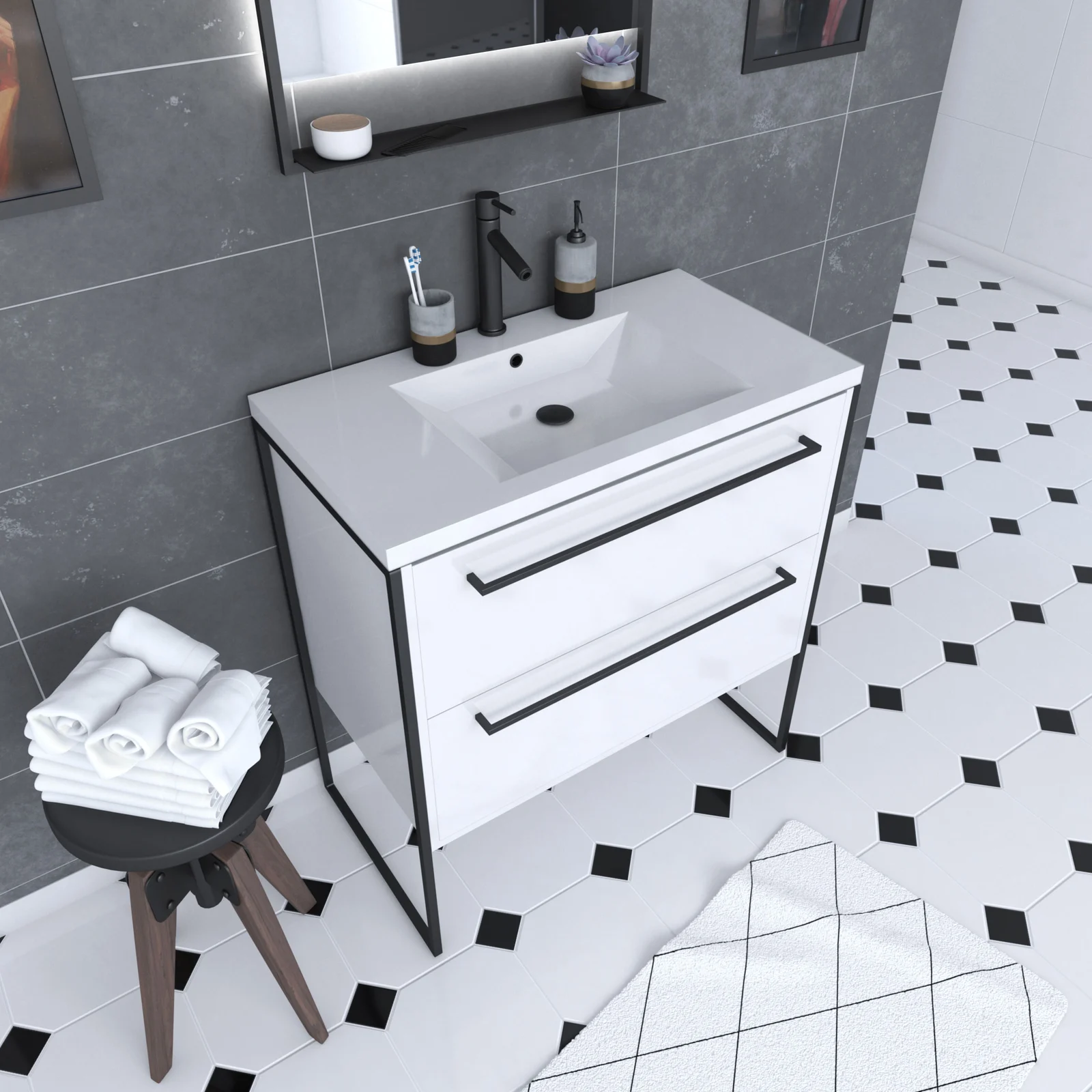 Meuble de salle de bain 80x50cm Blanc - 2 tiroirs - vasque resine blanche - pieds et poignées Meuble de salle de bain 80x50cm Blanc - 2 tiroirs - vasque resine blanche - pieds et poignées