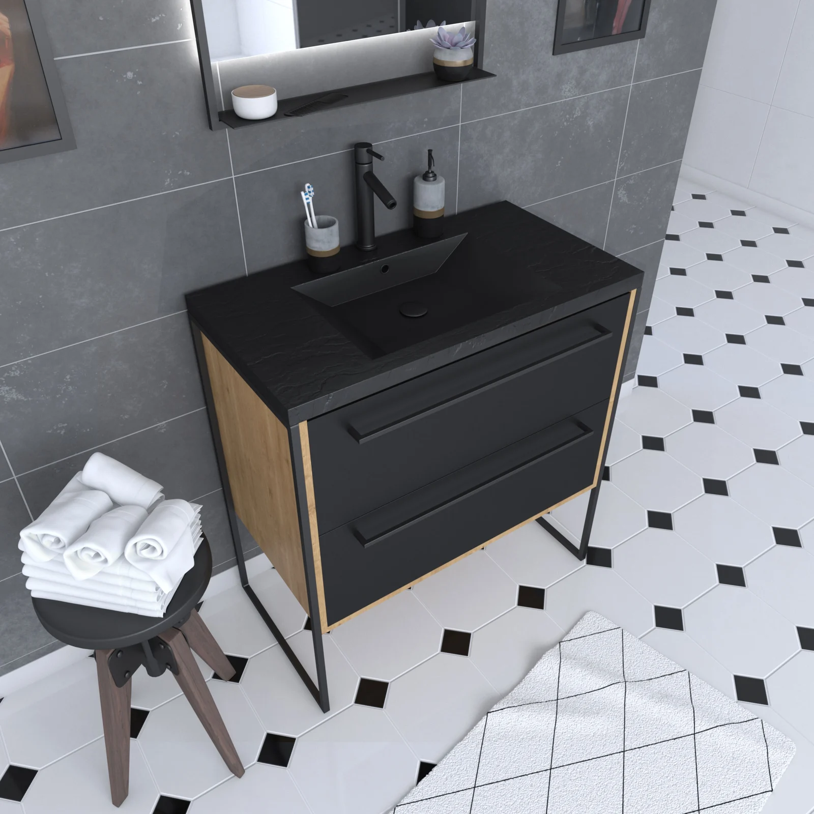 Meuble de salle de bain 80x50cm chene brun - 2 tiroirs noir mat - vasque resine noire effet pierre