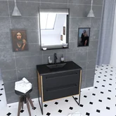 Meuble de salle de bain 80x50cm chene brun - 2 tiroirs - vasque resine noire effet pierre - miroir